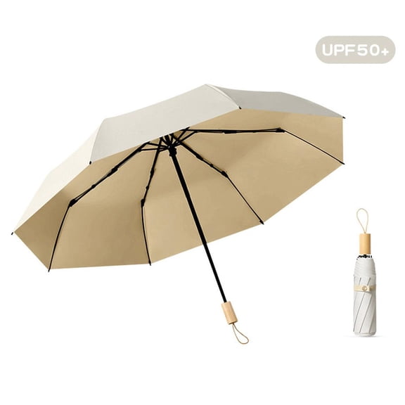 Premium Windproof Umbrella with UPF50 Sun Protection and Waterproof PVC Canopy 37.4 Inch Compact Fold Wood Handle