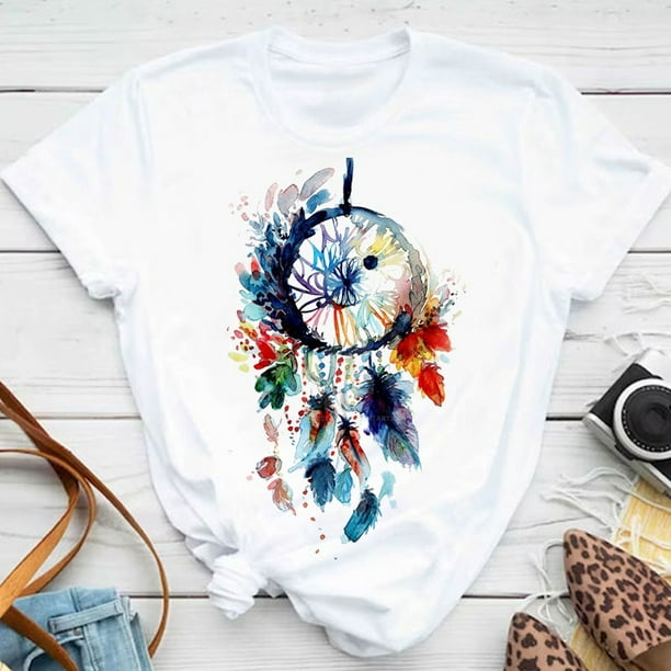Nueva Moda Mujer Camiseta Azul Mariposa Y Hojas Impresión Manga Corta Casual Suelta Talla Grande Cuello Redondo Blusa Primavera Verano Ropa Blanca Y Negrapangjing