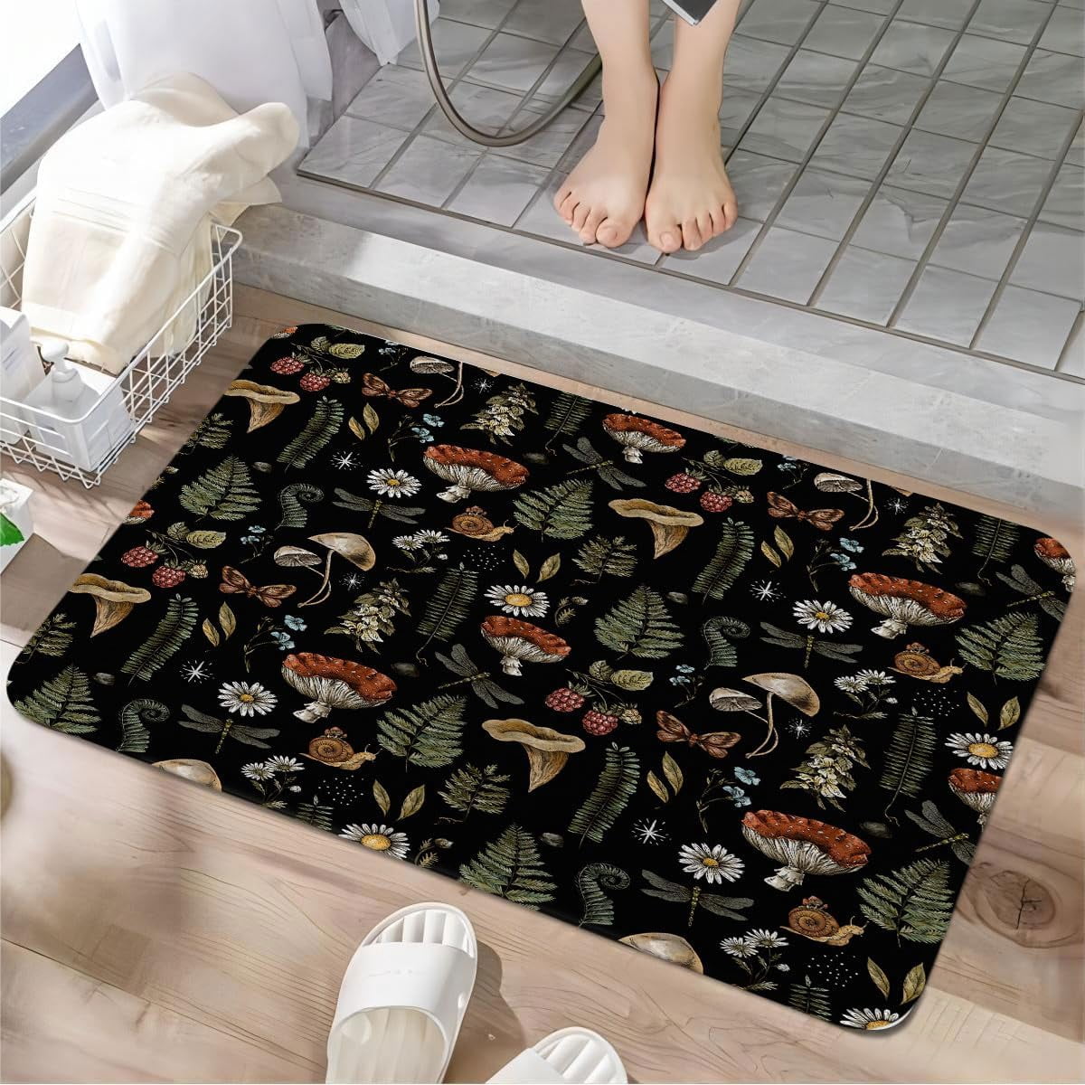 Vintage Mushroom Boho Bathroom Rugs, Magic Fairy Witchy Woodland Nature Plant Bath Mat, Hippie Botanical Floral Aesthetics Outdoor Rug, Soft Non Slip Floor Rugs for Living Room Kitchen Doormat, 17x29