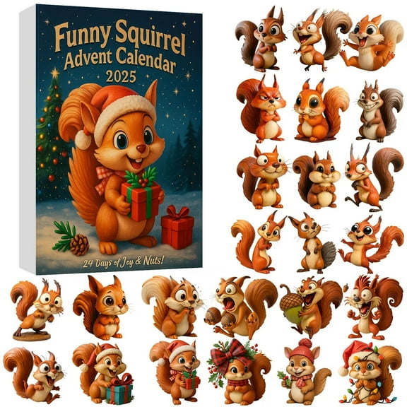 Funny Squirrel Advent Calendar 2025 24 Days Christmas Countdown Calendar with 24pcs 2D Acrylic Squirrel Ornaments Cute Animals Christmas Tree Pendant Home Decorations Gifts