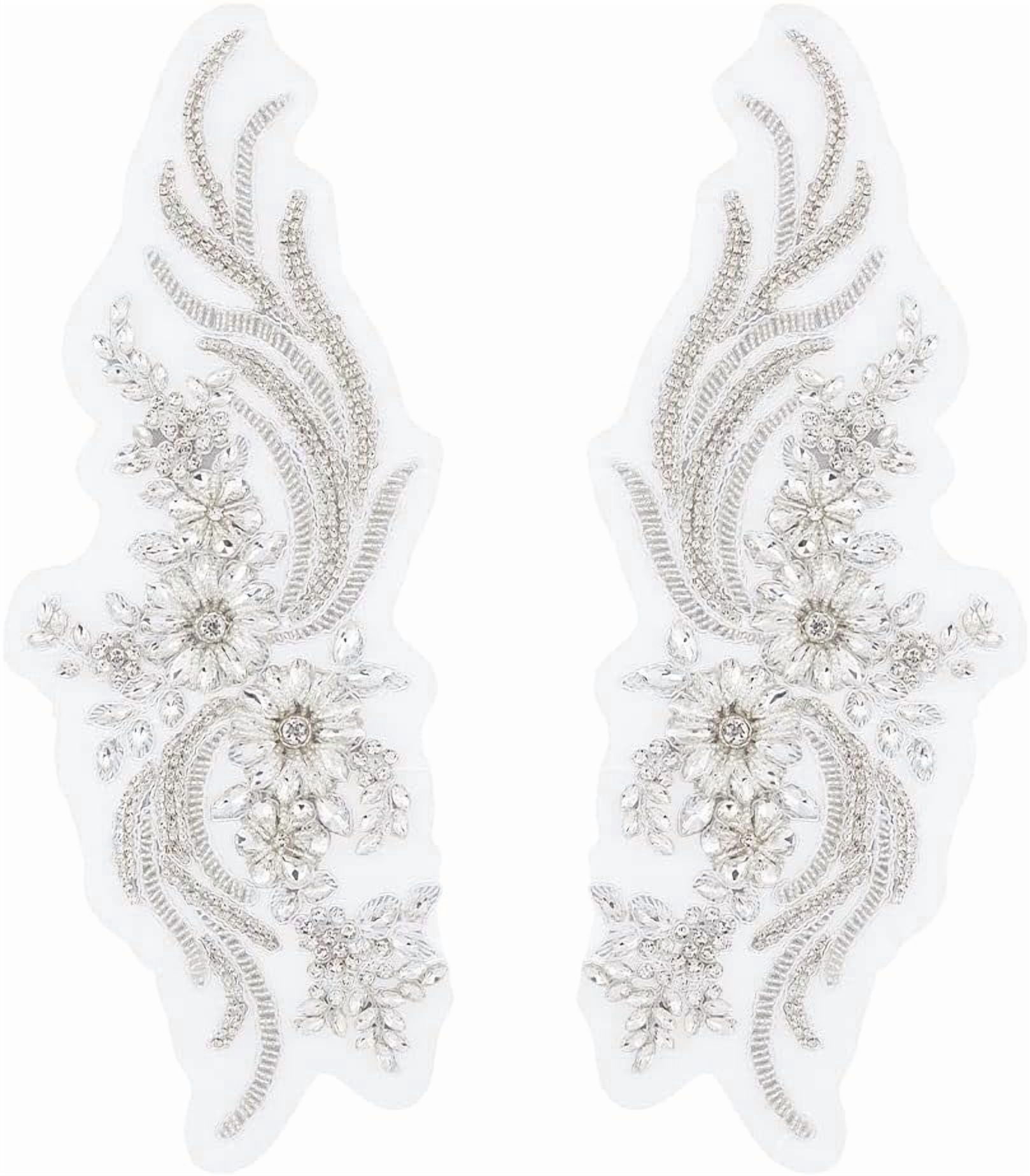 2Pcs Flower Lace Bead Applique Rhinestone Lace Appliques Sparkly Beaded Appliques Embroidery Floral Patch Sewing Beads Trim Patch Handmade Appliques