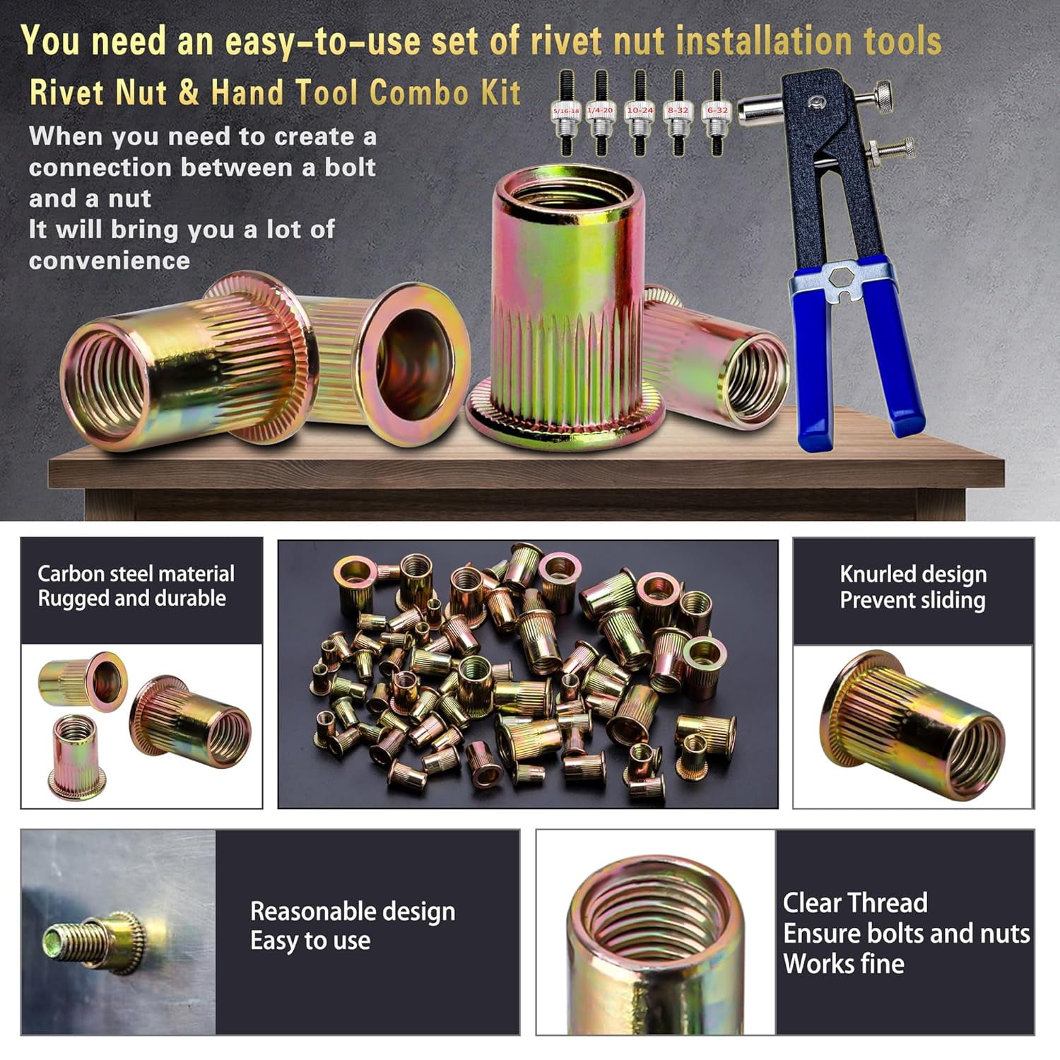 Imperial Rivet Nut Tool Kit 430pcs, SAE Rivet Nut Combination （5/16-18、1/4-20、10-24、8-32、6-32）, Suitable for Automotive, Marine and Industrial Applications(SAE Carbon Steel 430PCS)