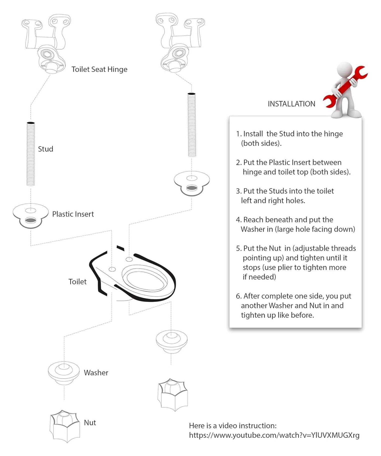 Elongated Toilet Seat Slow Close White Wood - 18.5" Elongated Bowl Fit - Chromed Metal Hinges - Easy Install