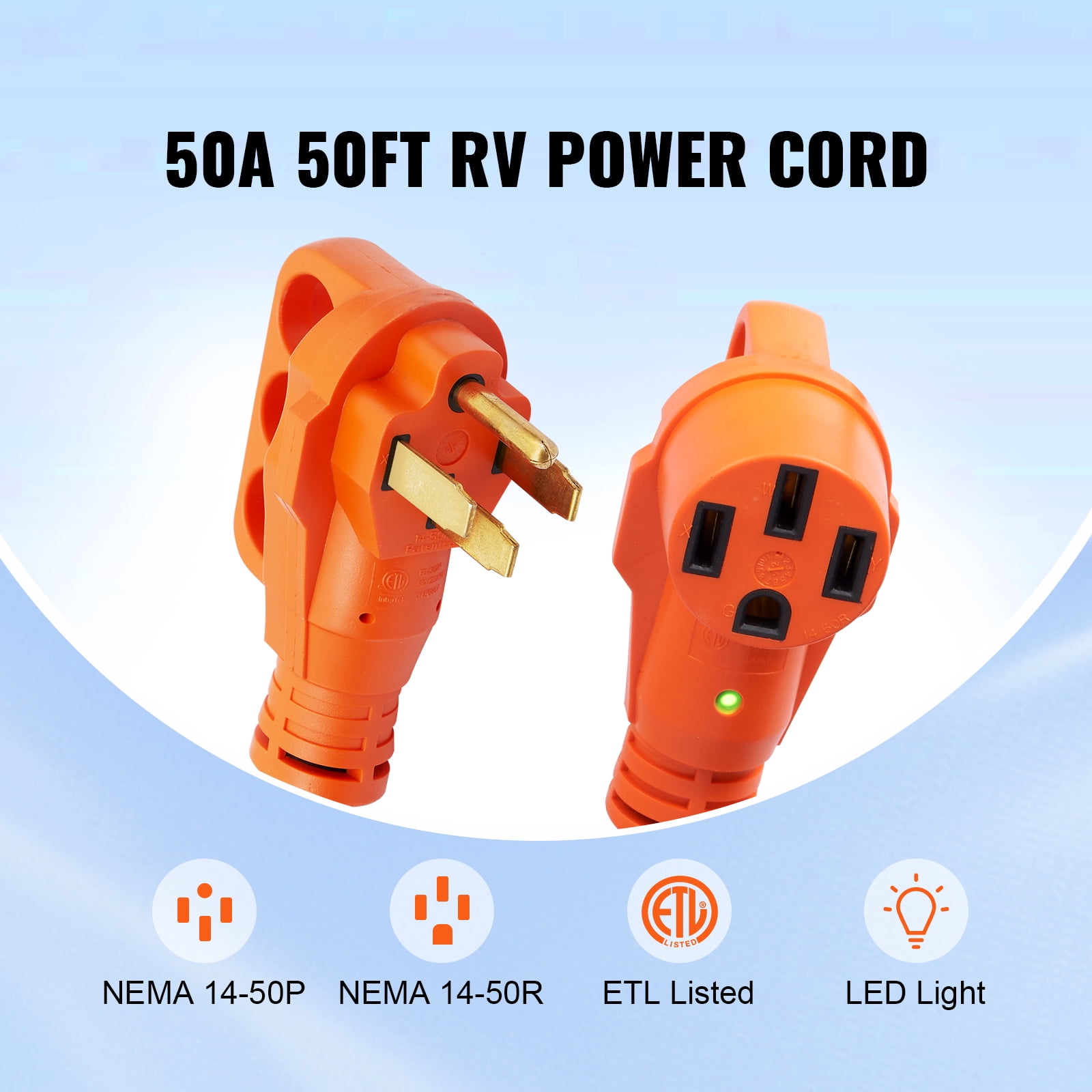 KFFKFF RV Extension Cable, 50 Feet, 50 Amp, Robust STW RV Electrical Wire, NEMA 14-50R Female NEMA 14-50P Male Connector, LED Indicator Handle 15A Adapter Included, Suitable for RVs, Trams