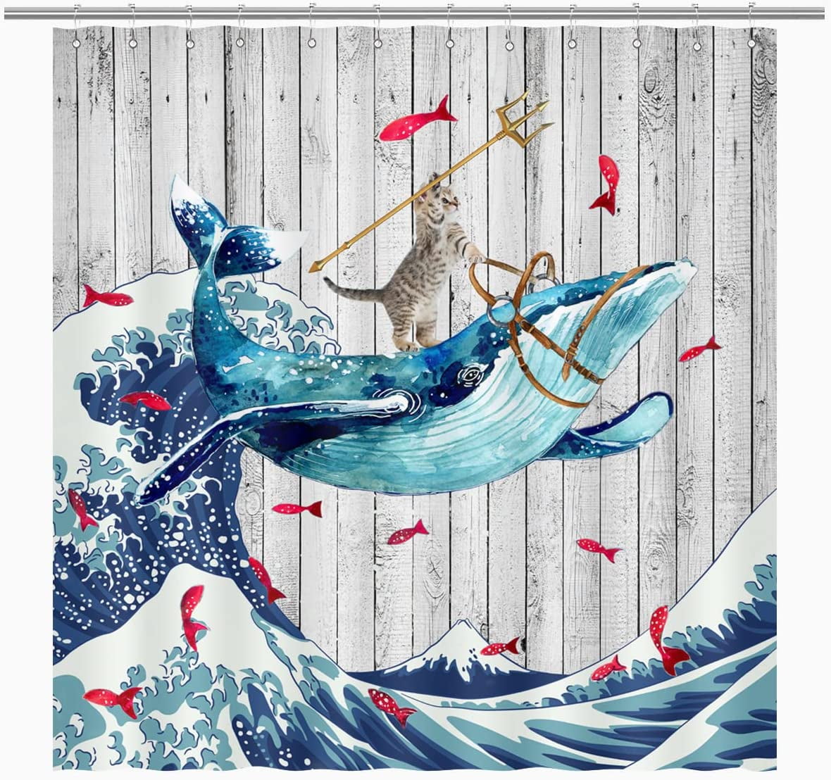 aoselan Cat Shower Curtain Cute Animal Riding Whale Ocean Fish Japanese