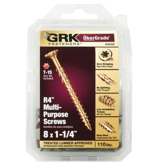 GRK Fasteners 96080 Framing and Decking Screw, #8 Thread, 1-1/4 in L, Coarse Thread, Countersunk Head, Star Drive, Steel Yellow - pack of 110