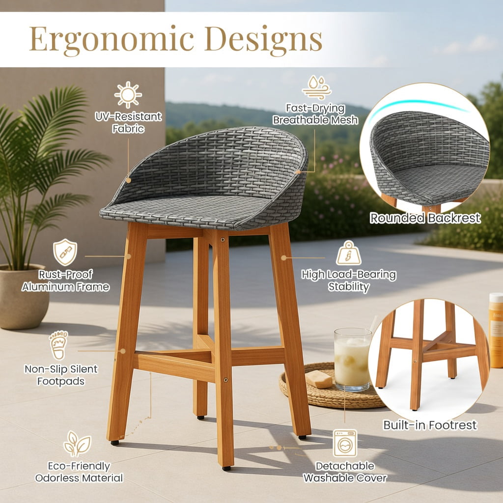 Hommoo 2-Piece Outdoor Bar Stool Set, PE Rattan & Solid Acacia Wood, Ergonomic Backrest, Footrest, Weather-Resistant, Natural