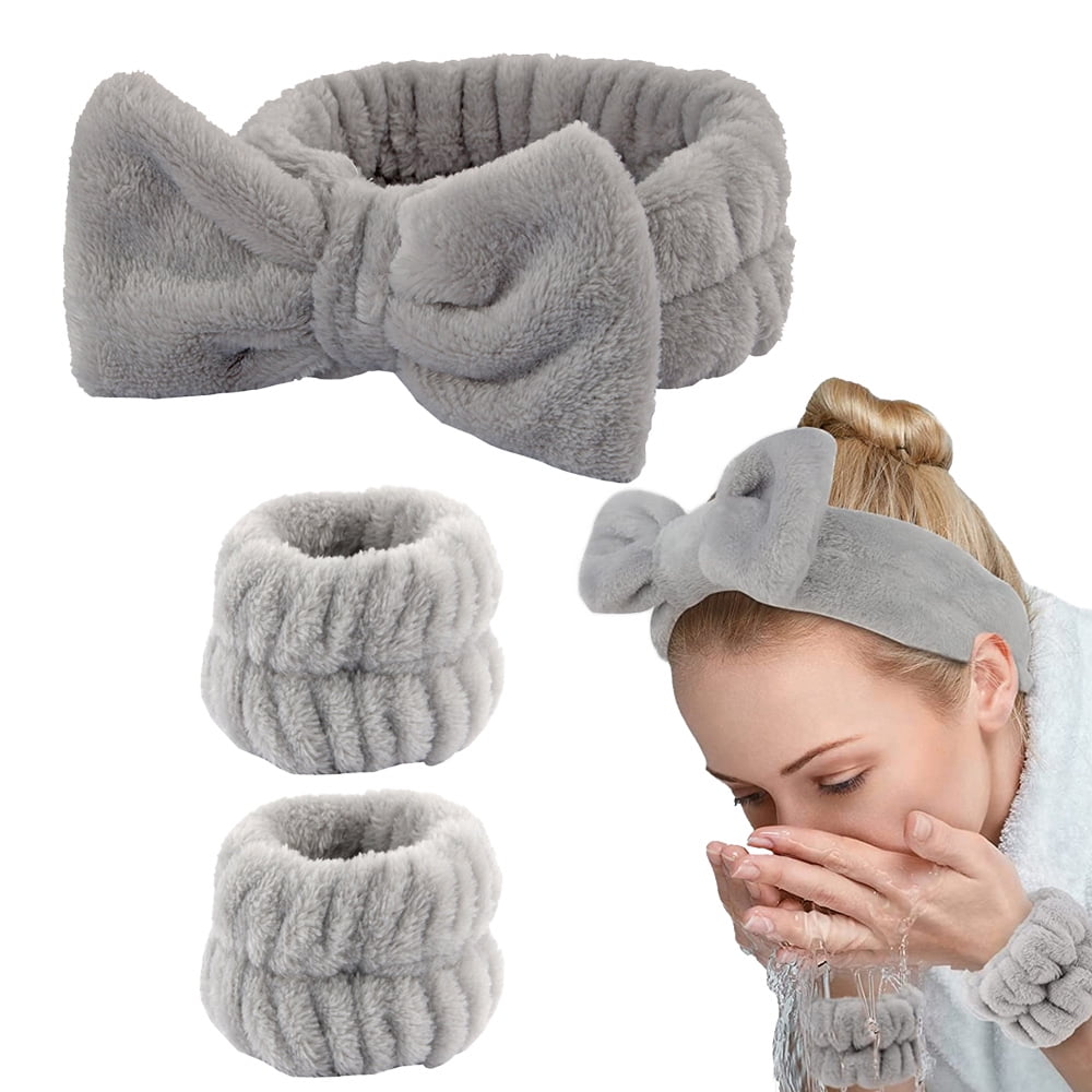 Spa headband for washing face and matching wrist strap, fuzzy skin care