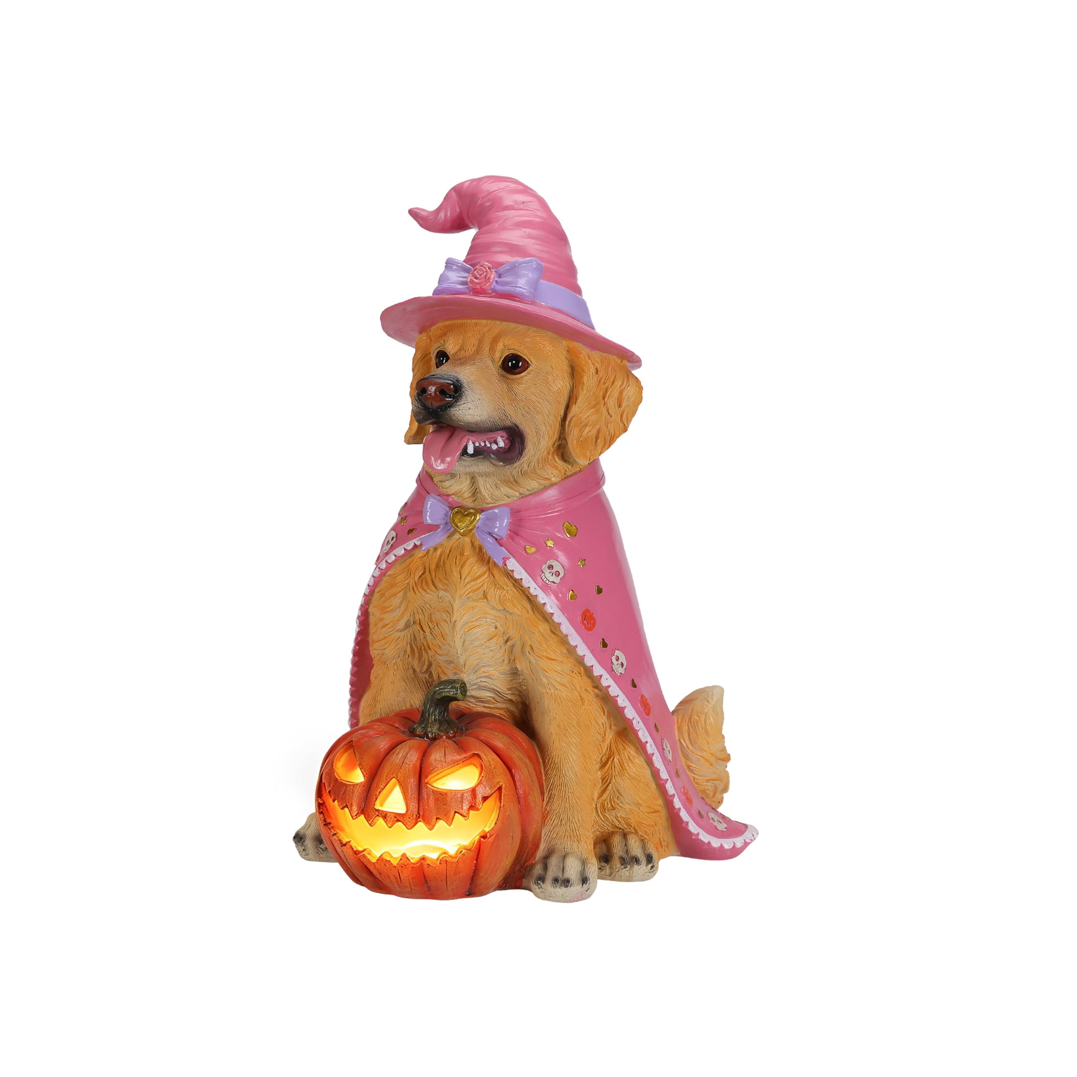 Noble House Halloween Golden Retriever Witch Puppy Figurine with Pumpkin Lantern, Decorative Statue, Brown