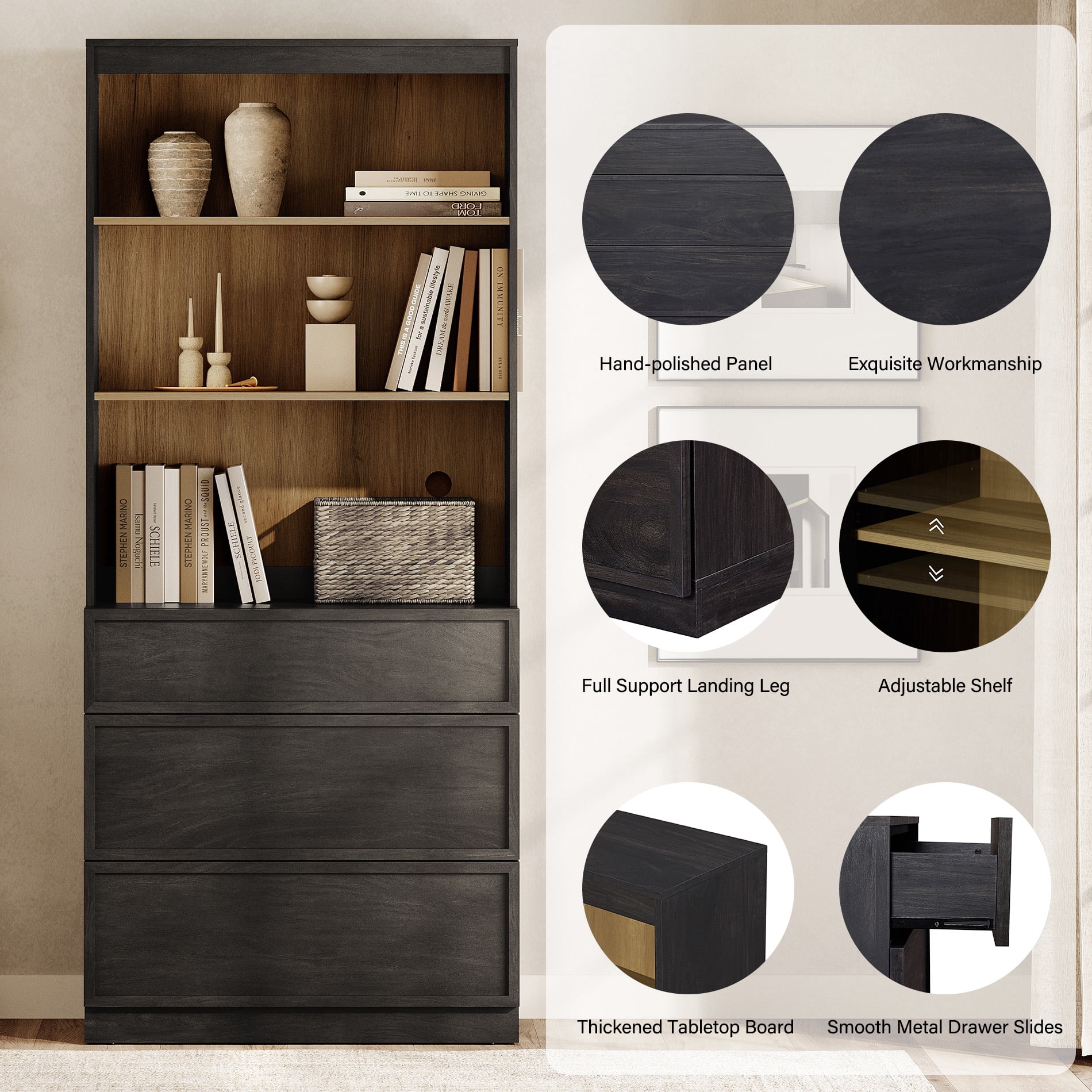 Modern 72" Tall Bookshelf with 3 Drawers and Open Book Shelves,Wood Freestanding Book shelf for Home Office, Living room,Black