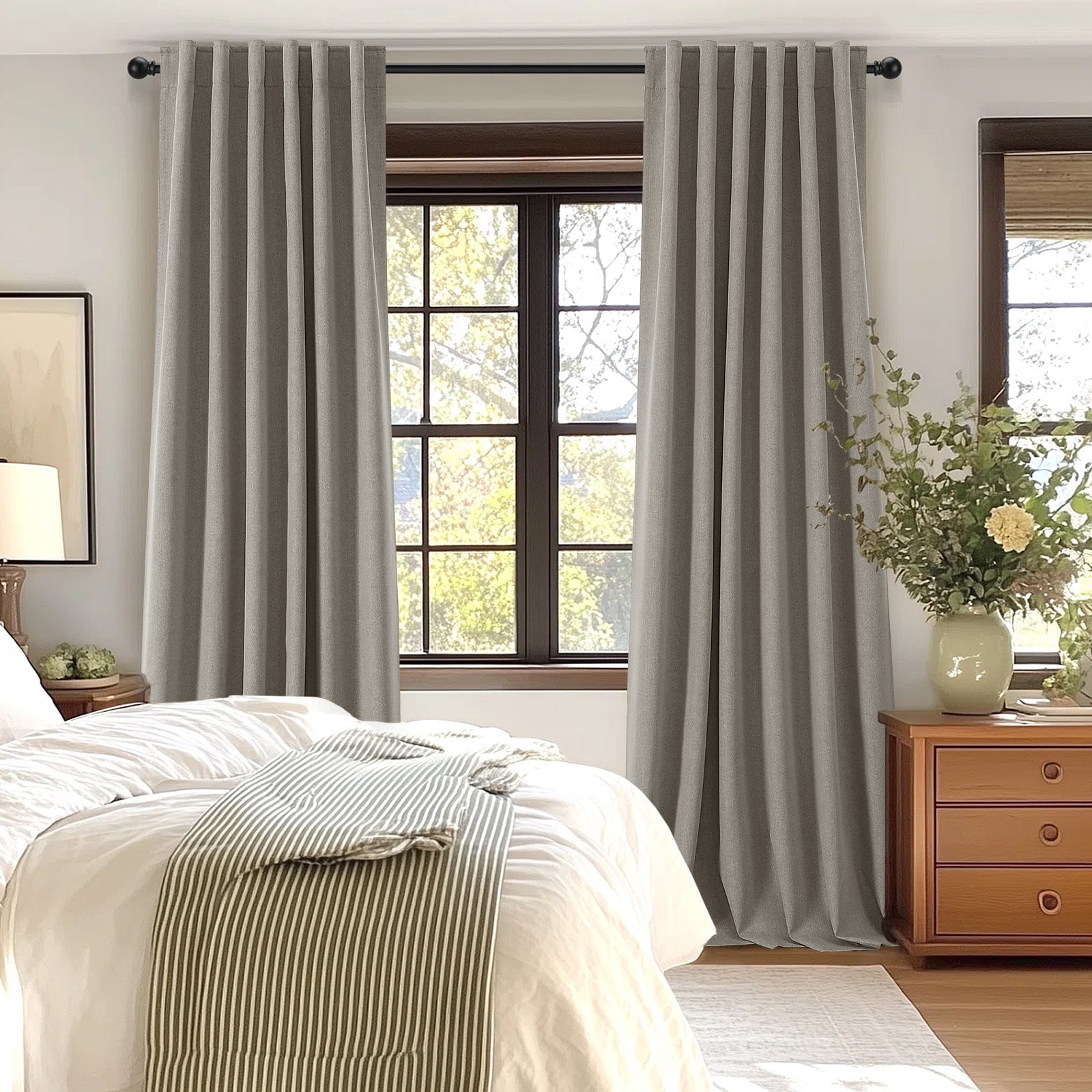 PrimeBeau 100% Blackout Curtains 63 Inch Length 2 Panels Set for Bedroom Windows/Living Room Thermal Insulated linen-like fabric Blend Curtain Rod Pocket/Back Tab Taupe