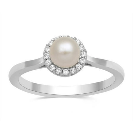 - Fresh Water Pearl and White CZ Sterling Silver Cushion-Framed Ring