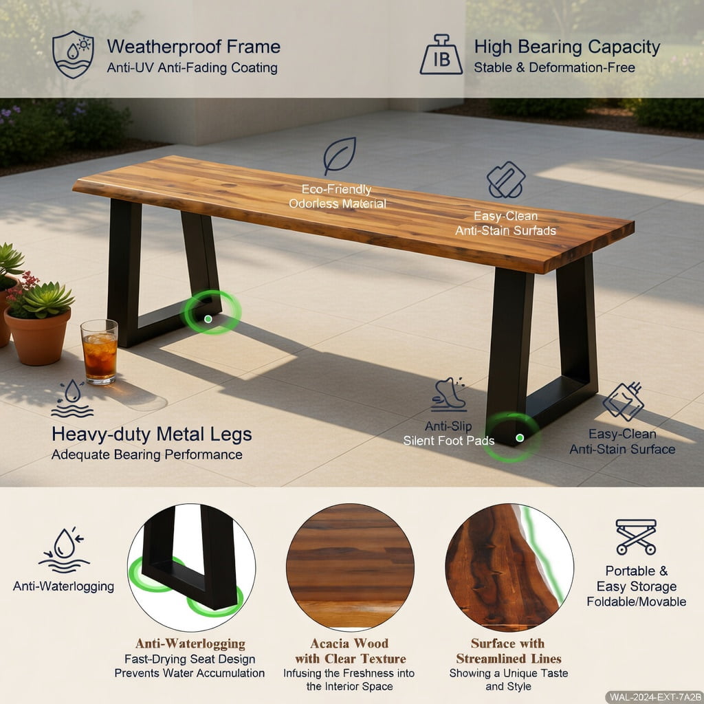 Hommoo Acacia Wood Outdoor Patio Bench, Sturdy Metal Legs, 57.5" Modern Dining & Garden Seating Chair for Deck, Backyard, or Balcony, Natural