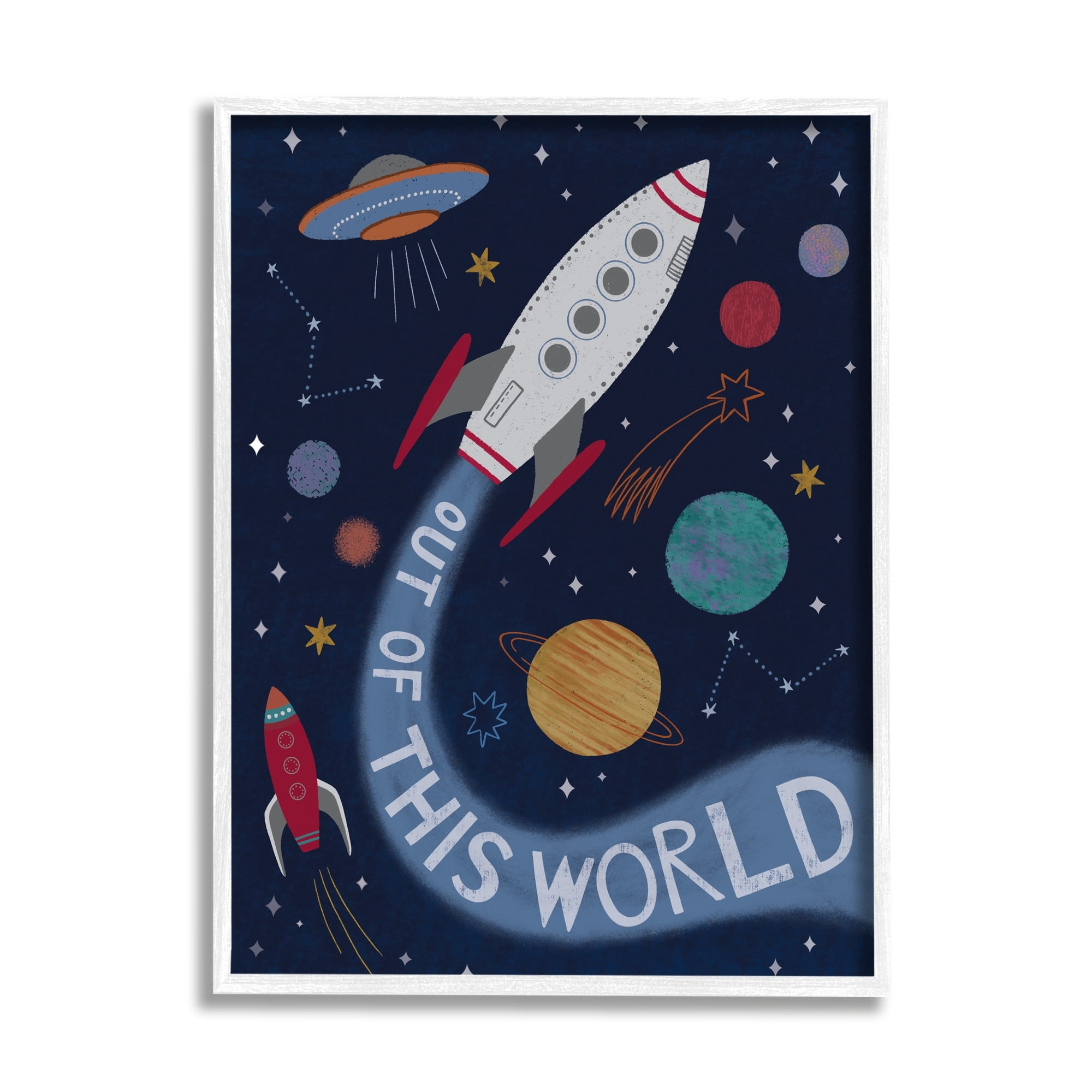 Stupell Industries Out Of This World Text Flying Rocket Ship Galaxy Framed Wall Art, 11 x 14, Design by Nina Seven