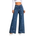 thumbnail image 2 of ClodeEU Women's Wide Leg Flare Rhinestone Jeans,Casual Fashion Denim Pants with Pockets ,Women's Plus L, 2 of 6