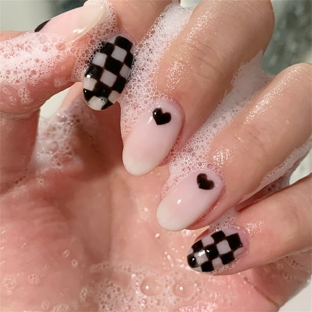 Uñas postizas a presión, regalo para mujer, 24 piezas, diseño de tablero de ajedrez, hojas de arce, estampado de leopardo, manicura, uñas postizas.