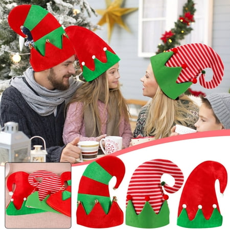 Kedshhgu Santa Elf Hat Xmas Party Hats Novelty Lightweight Non-Woven Christmas Hat Elf Hat Red and Green Stripe Patchwork for Adults and Kids