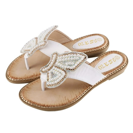 

Womens Fashion Flats Pearls Rhinestones Butterfly Beach Sandals Comfort Thong Sandals Summer Casual Flip Flops