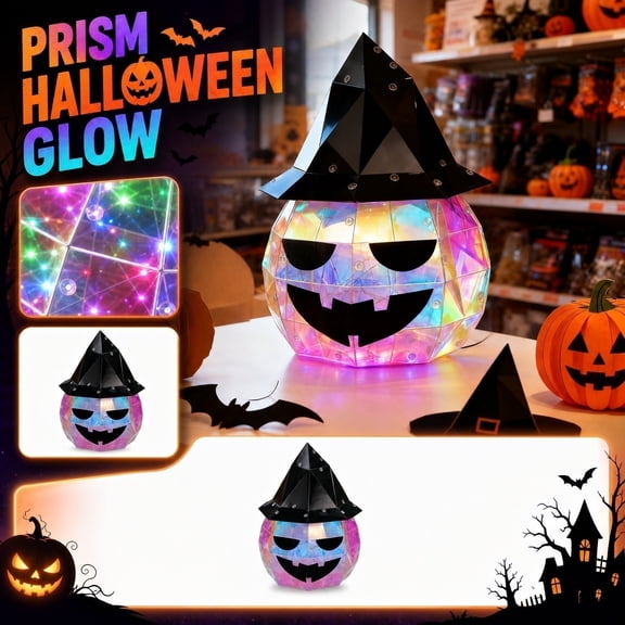 GoLucid Halloween Holographic Pumpkin Light with Witch Hat 9.84", LED Iridescent Geometric JACK Pumpkin Lamp, Tabletop Decor