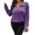 thumbnail image 3 of Suéter de Punto Informal de Talla Grande para Mujer, Cuello en V, Solapa, Color Liso, Camisa de Larga. Púrpura XXL, 3 of 8