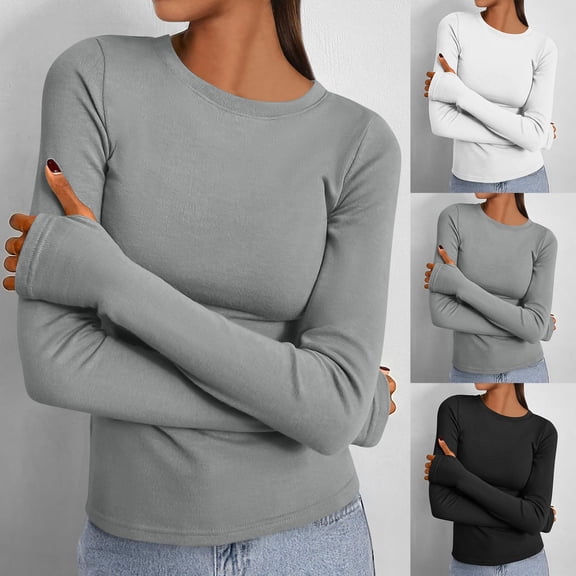 HCYSFG Womens Long Sleeve T-Shirt with Thumb Holes Solid Color Crewneck Base Layer Athletic Slim Fit Sun Protection Top Soft Comfort Tee