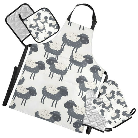 Funny Sheep 5 Pcs Kitchen Set Heat Resistant Oven Mitts and Non-Slip Pot Holders with Adjustable Cooking Apron