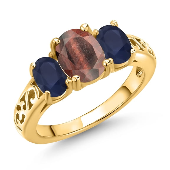 Gem Stone King 18K Yellow Gold Plated Silver Red Tiger Eye and Blue Sapphire Filigree Style 3 Stone Ring for Women (2.36 Cttw, Oval 8X6MM and 6X4MM, Size 8) (Size 8)