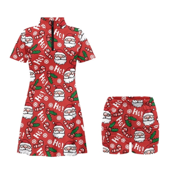 Psesaysky Cartoon Santa Claus Print Womens Tennis Dress with Built-in Shorts Christmas Half Zip Workout Athletic Dress Golf Summer Skirt Stan Collar Zip up Activewear Mini Dress 2025