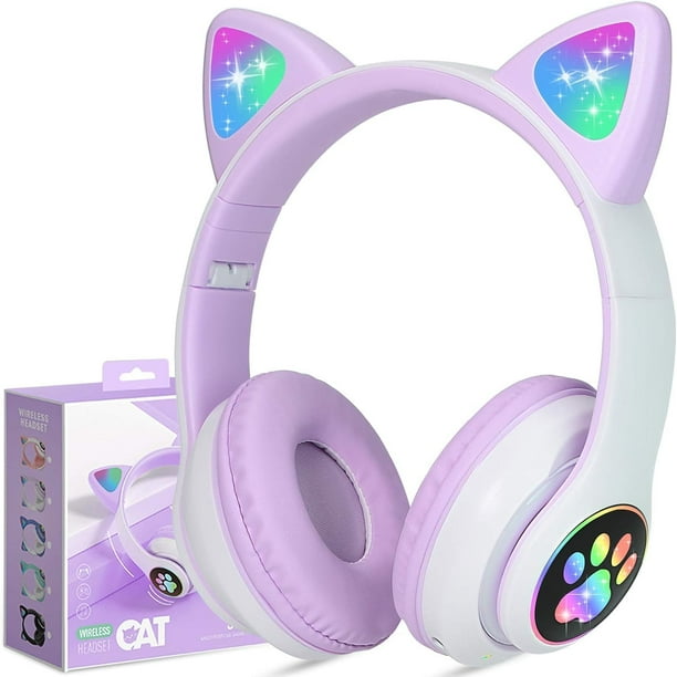 LED con Luz Audifonos Inalámbricos Pata de Gato Auriculares Plegables sobre la Oreja con Micrófono,Purple