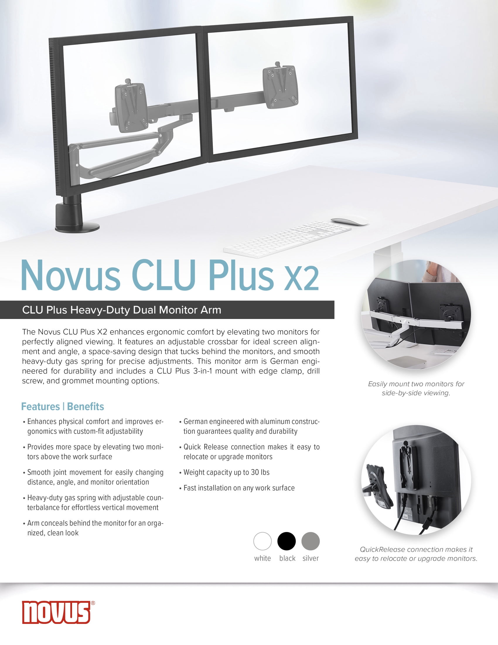 Novus CLU Plus X2 c HD Monitor Arm Set for 2 Screens, Easy Alignment, 3-in-1 Mount, Silver