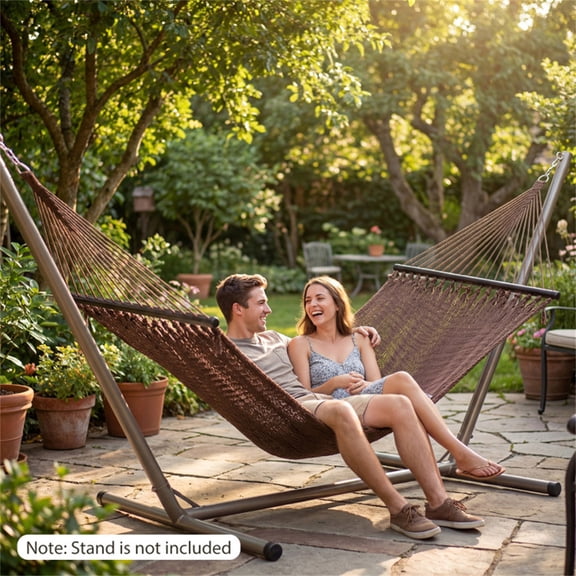 76.5In XL 2-Person Caribbean Double Hammock Heavy Duty 600lb Capacity Polyester Hardwood Spreader Bars Breathable Flat Lay with Adjustable Chains for Patio Garden Poolside Outdoor Hanging Bed Brown