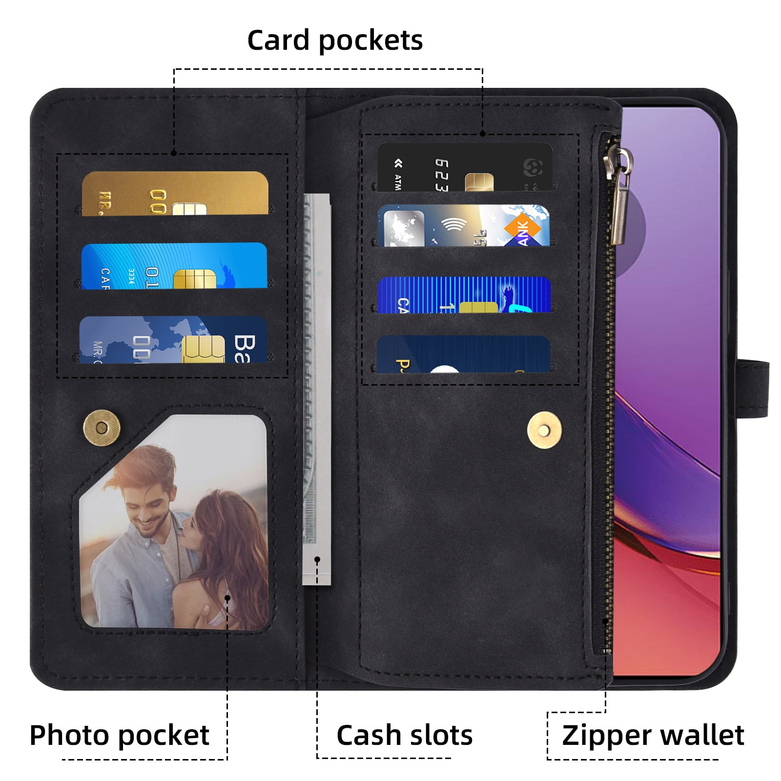 Asuwish Phone Case for Motorola Moto G84 5G Wallet Cover With Tempered Glass Screen Protector Crossbody Wrist Strap Flip Pattern Zipper Credit Card Holder Stand Slot Cell G 84 2023 Women Men Black