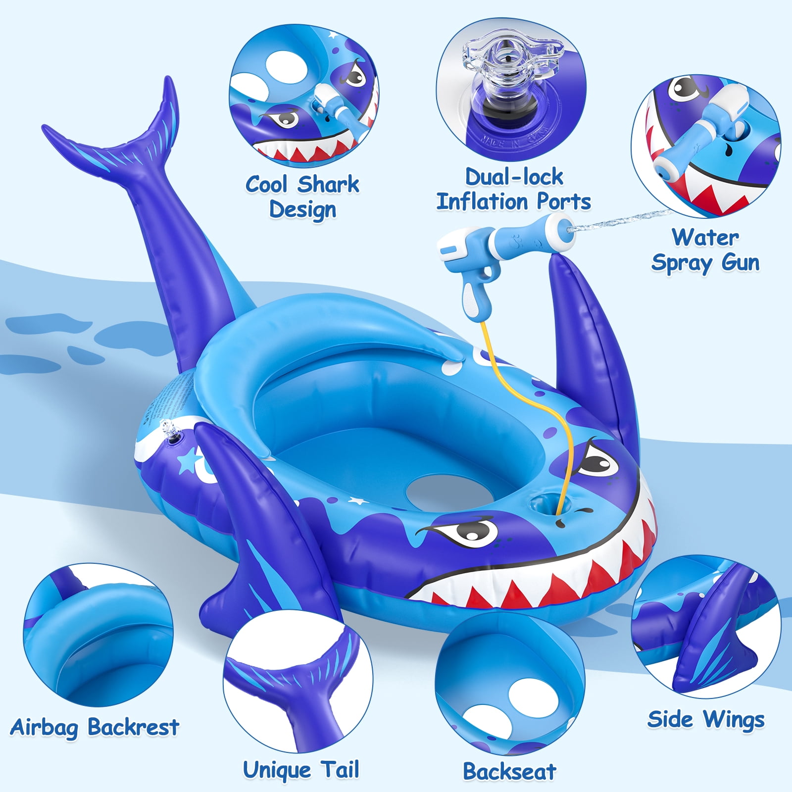 Kids Pool Floats with Water Gun, Shark Toddler Inflatable Pool Toys for Kids Age 3-8 Years Old, Summer Outdoor Water, Beach, Swimming Pool Toys Gift