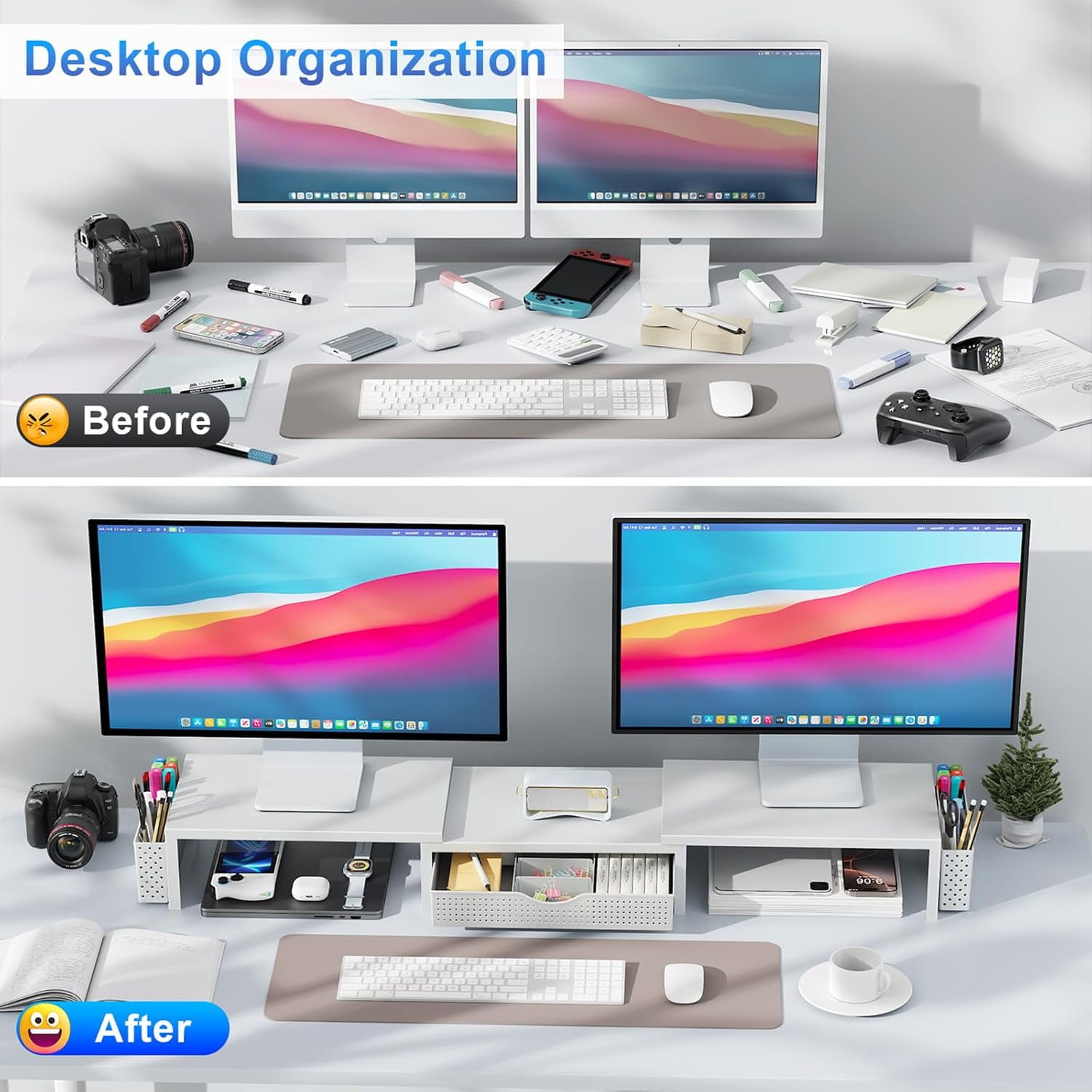 Dual Monitor Stand Riser with Drawer and Pen Holders, White Desk Organizer