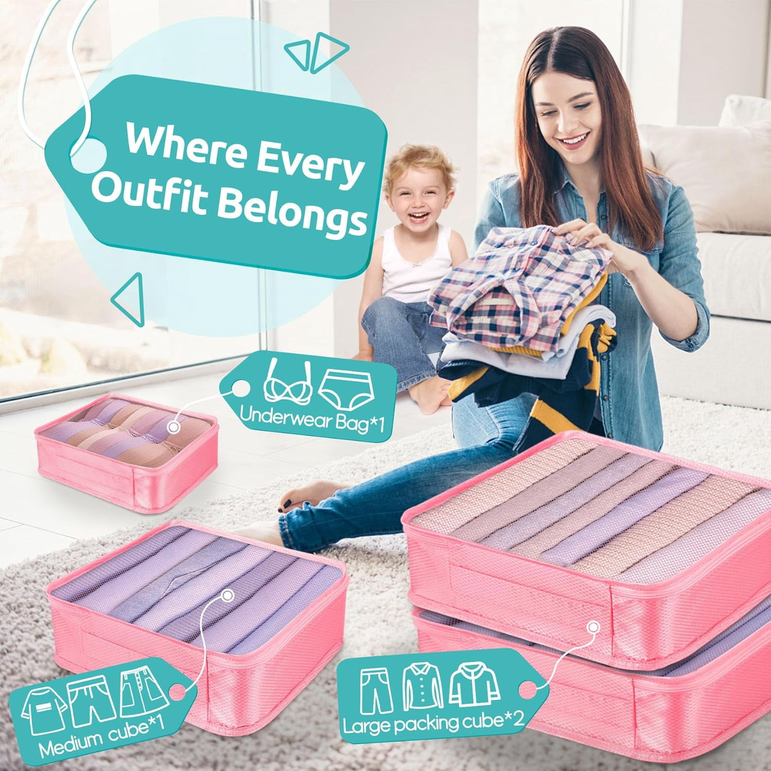 12-Piece Packing Cubes Set – Travel Essentials Luggage Organizer – Includes 4 Cubes + 3 Zip Pouches + 3 Waterproof Bags + 2 Shoe Bags – Lightweight Polyester – Beige/Pink/Black