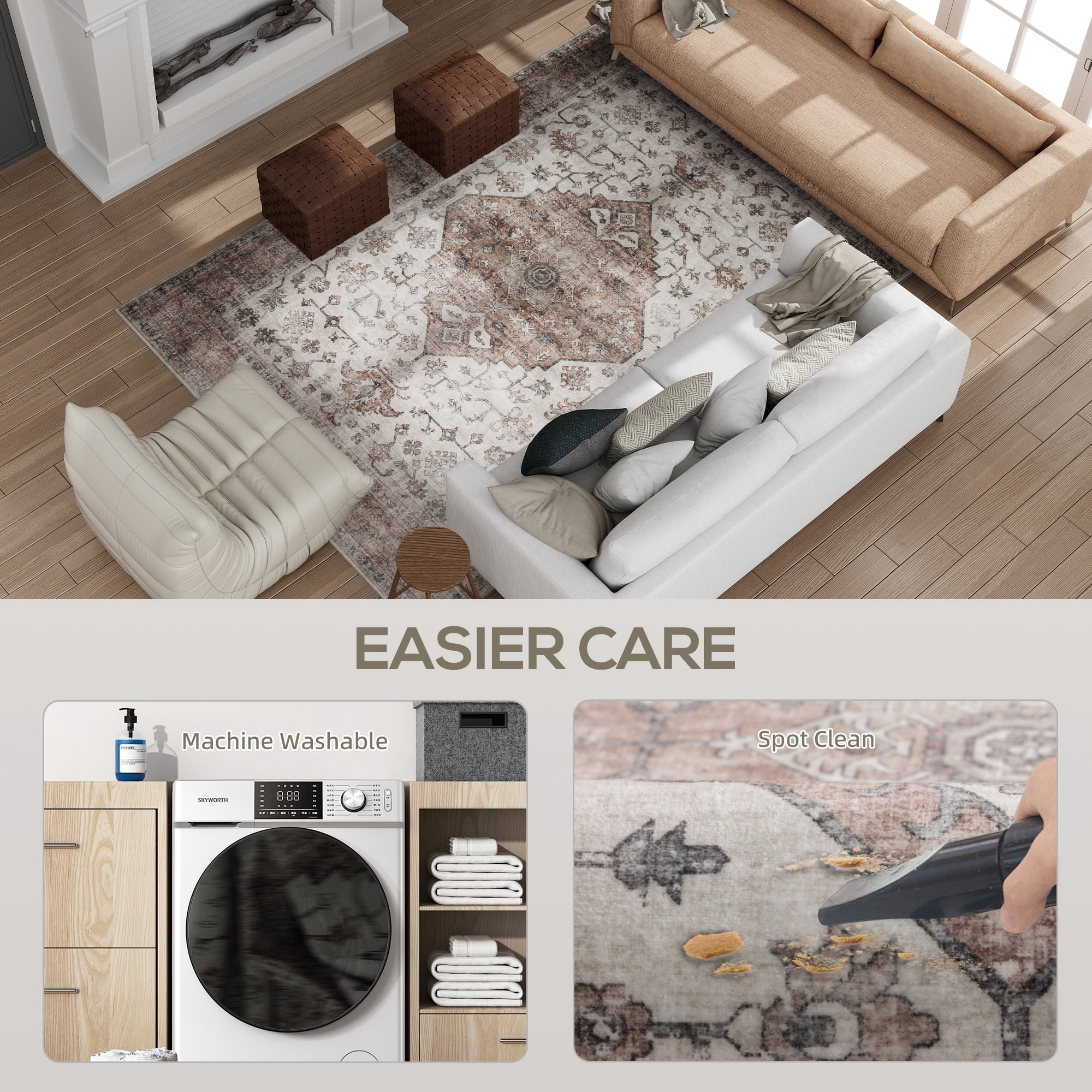 5' x 7' Area Rug with Anti-Slip TPR Backing, Machine Washable Faux Fur Floor Carpet for High Traffic Living Room, Bedroom, Home Decor