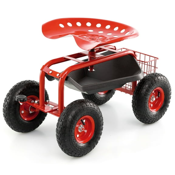 Topbuy Rolling Garden Cart Wagon Scooter w/ 360° Swivel Seat & Storage Tray & Basket Red