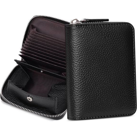 Womens Genuine Leather Zipper Credit Card Holder RFID Blocking Small Accordion Wallet with Coin Pouch, Black