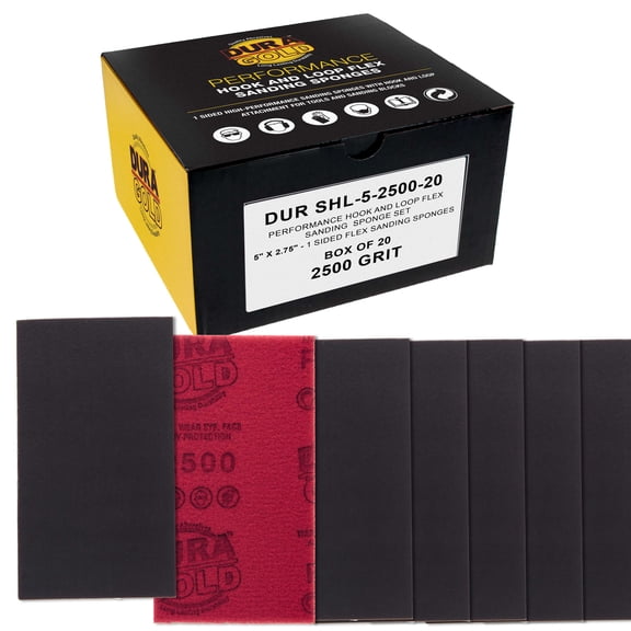 Dura-Gold 2500 Grit 5" x 2-3/4" Sanding Sponges, Box of 10 - Performance Hook & Loop Wet or Dry Flexible Sandpaper Sponge Pads - For Hand Sanding Blocks, Palm Sanders - Polish Metal, Auto Paint, Wood