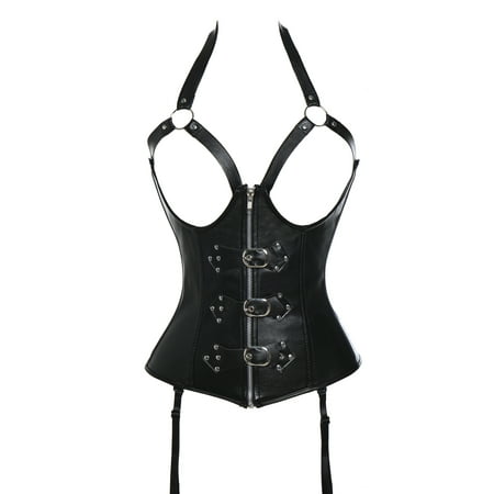 

SLIMBELLE Womens Faux Leather Zipper Halter Steampunk Underbust Corsets Slimming Bustiers
