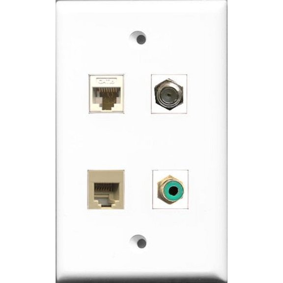 RiteAV 1 Port RCA Green and 1 Port Coax Cable TV- F-Type and 1 Port Phone RJ11 RJ12 Beige and 1 Port Cat6 Ethernet White Wall Plate