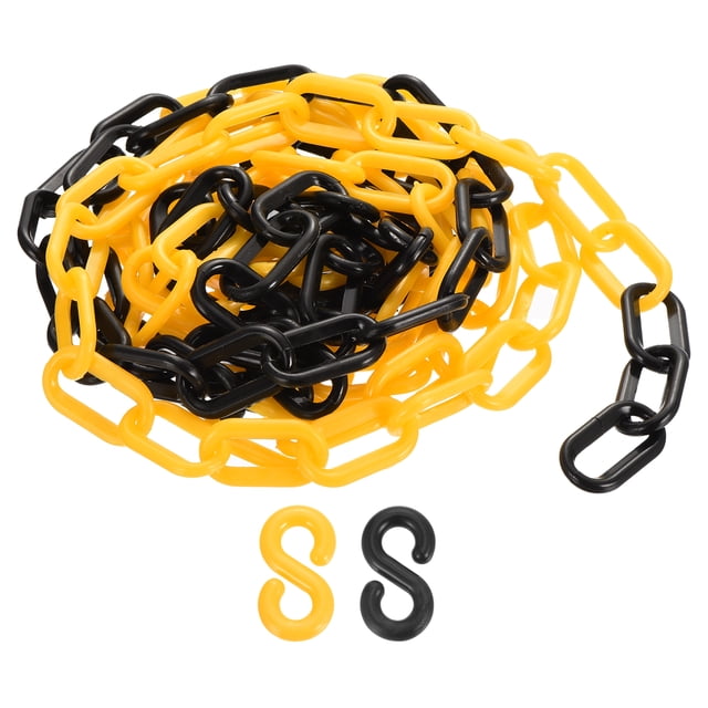 Plastic Chain Links, 1.4-Inch 10 Foot Barrier Chain with S-hooks, Black/Yellow