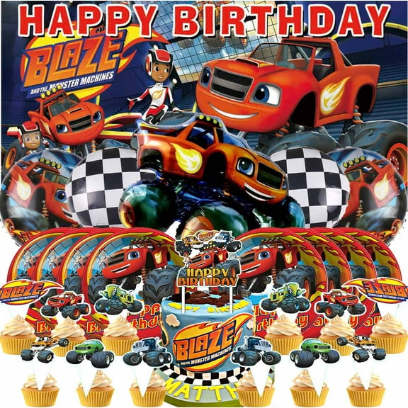 Blaze and the Monster Machines Party Tableware Decor Decorations Kit Backdrop Banner Birthday Plates for Kids Supplies Balloons Cake Topper Fans