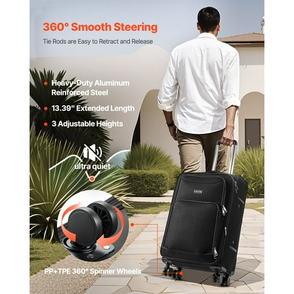 Black 24-Inch Expandable Checked Suitcase with 4 Smooth Spinner Wheels for Airlines