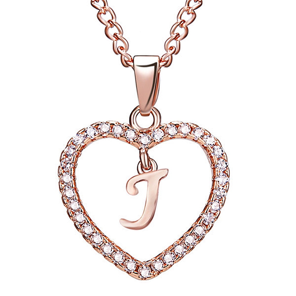 Sonceds 26 Letters J Heart Shape Pendant Necklace Rhinestone Rose