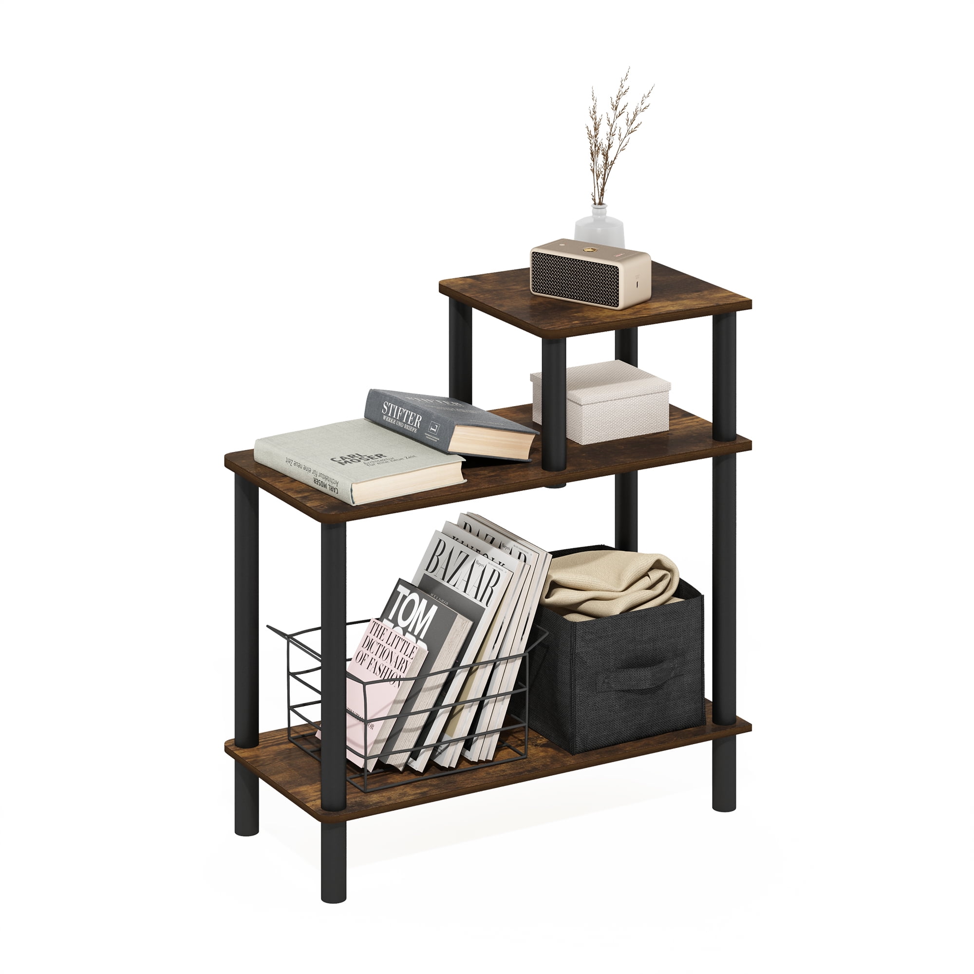 Furinno Turn-N-Tube 3-Tier Rectangular Sofa Side Table, End Table with Open Shelves, Amber Pine/Black