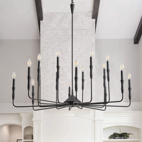 16-Light Matte Black Industrial Chandelier, Modern Candle-Style Hanging Light Fixture for Living Room, Dining Room & Foyer | E12 Base