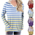thumbnail image 6 of Long Sleeve Tops for Women with Pockets Striped Print V Neck Loose Tunic T-shirts Casual Spring Fall Tees (L, Yellow), 6 of 6