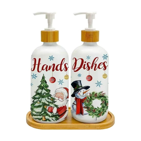 Elainilye Christmas Soap Dispenser Set 2 Pack with Snowman Tree Design Glass Pump Bottles for Holiday Hand Soap Lotion Kitchen Bathroom Countertop Decor