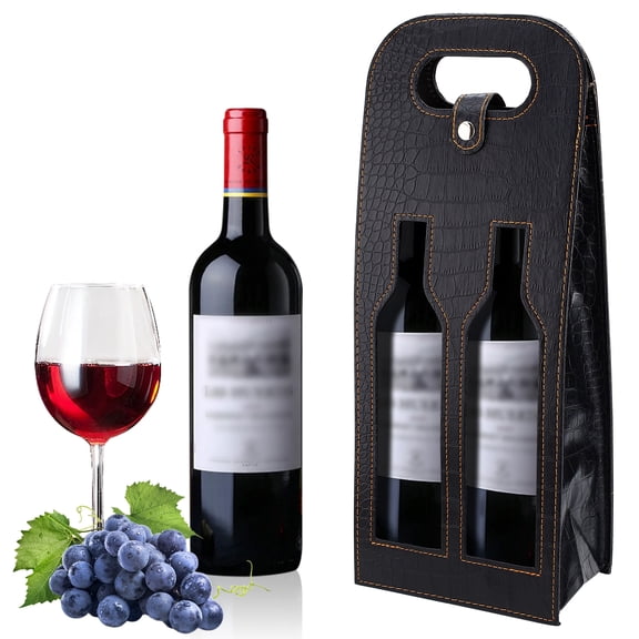 Double Bottle Black Wine Tote Bag, Reusable Leather Wine Gift Bag , Hollow Out Wine Bags for Gifts, Crocodile Print Wine Bottle Bag for Picnic, Travel, Party, Birthday, Wedding, Restaurant